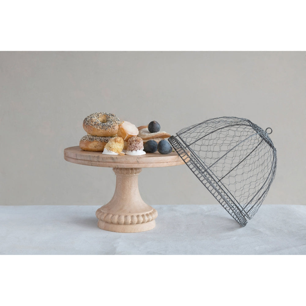 Metal Wire Cloche with Mango Wood Pedestal Base, Set of 2