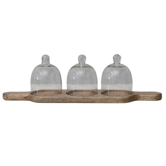 Mango Wood Serving Tray w/ 3 Glass Cloches & Handles, Set of 4