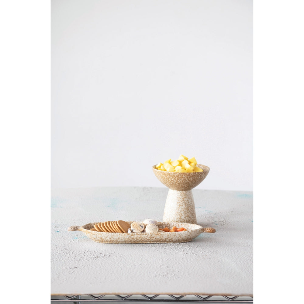 Stoneware Dish on Pedestal, Reactive Glaze