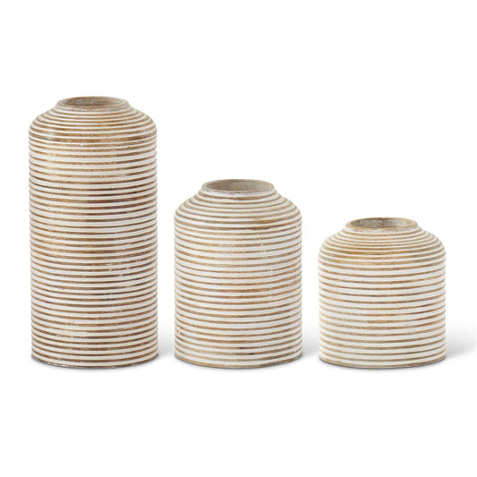 Whitewashed Wood Carved Stripe Vases