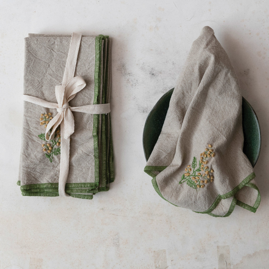 Cotton Napkins w/ Floral Embroidery & French Knots, Set of 4