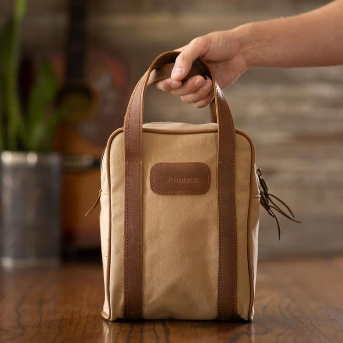 Quality made in America durable coated canvas toiletry, hunting or golf ball bag with leather patch to personalize with initials or monogram