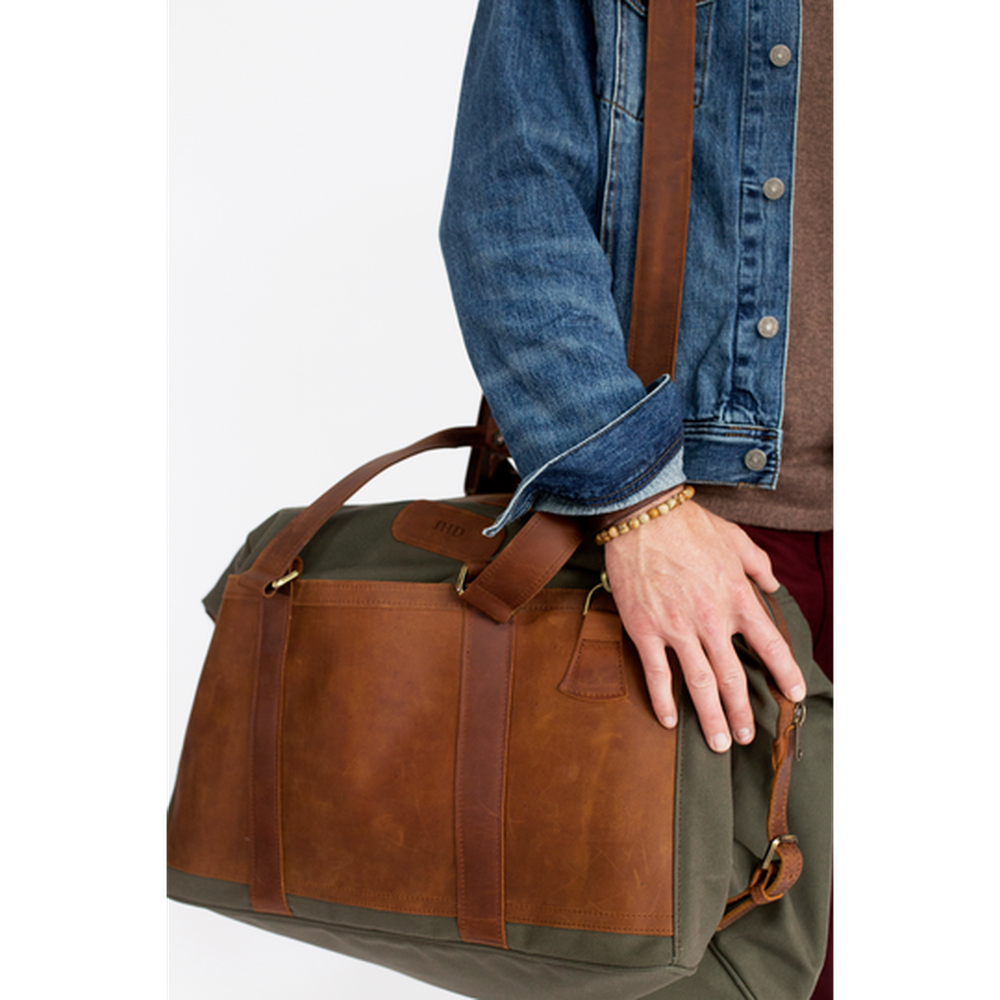 Quality made in America cotton canvas and oiled leather duffel bag with leather patch to personalize with initials or monogram
