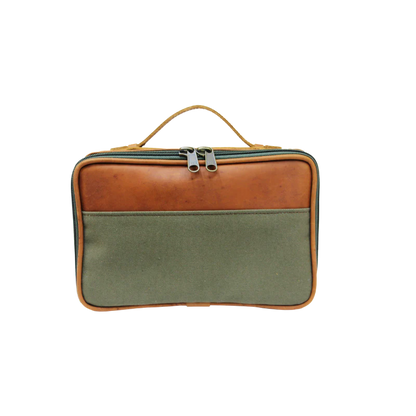 Quality made in America cotton canvas and oiled leather toiletry kit bag to personalize with initials or monogram